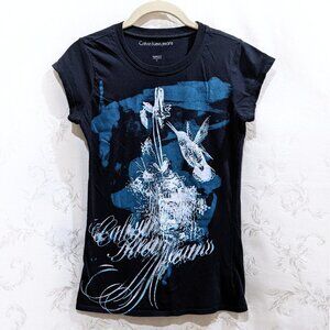 Cotton Calvin Klein Jeans Logo Graphic Tee S Navy Floral Bird Feminine Fairycore
